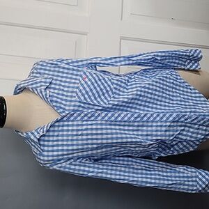 Blue and white button down.